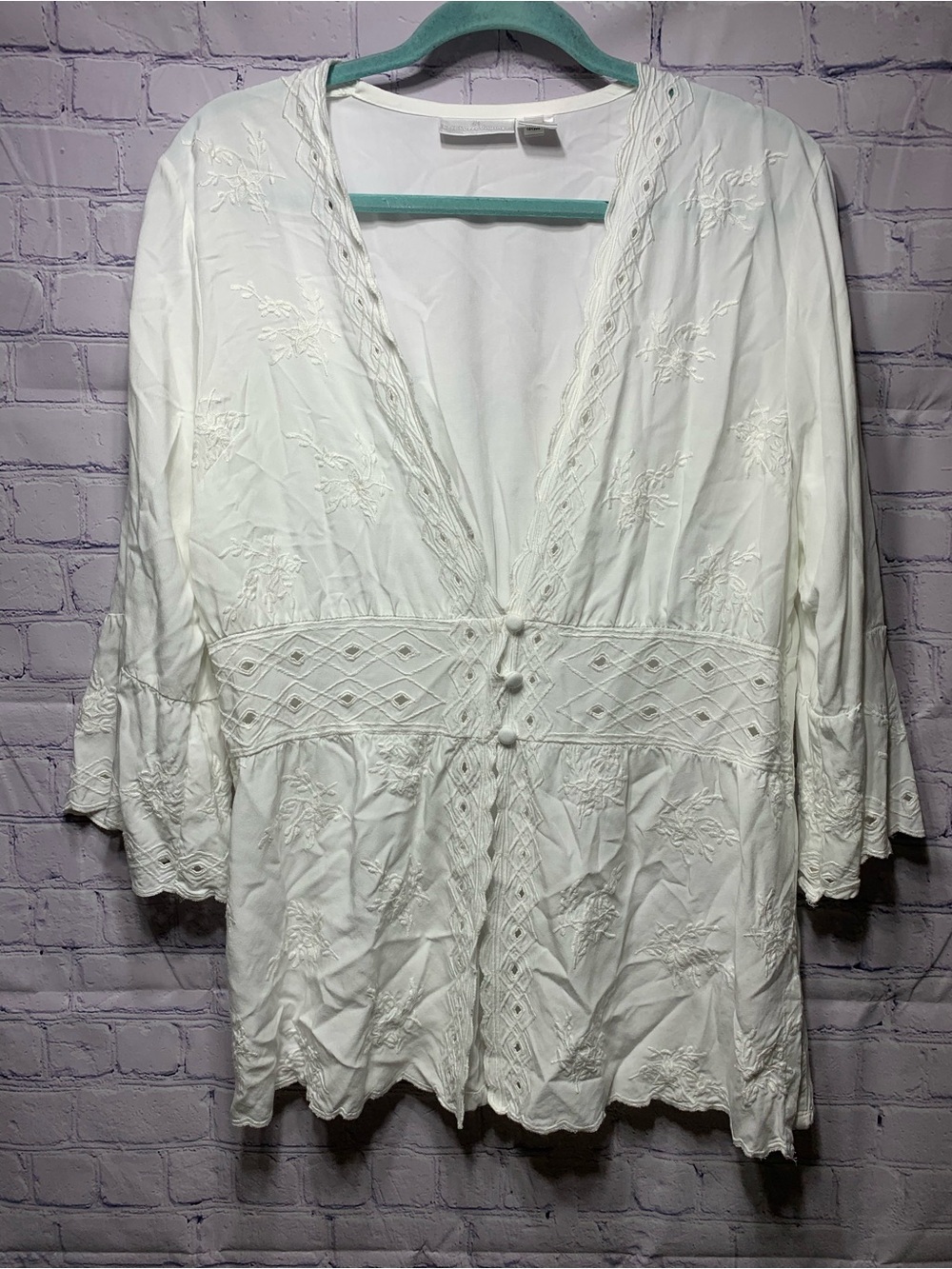 Soft Surroundings Melissani Tunic Blouse White Embroidered Eyelet L Cottagecore